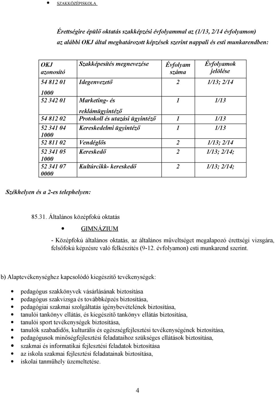 Kereskedelmi ügyintéző 1 1/13 52 811 02 Vendéglős 2 1/13; 2/14 52 341 05 52 341 07 0000 Kereskedő 2 1/13; 2/14; Kultúrcikk- kereskedő 2 1/13; 2/14; Székhelyen és a 2-es telephelyen: 85.31.