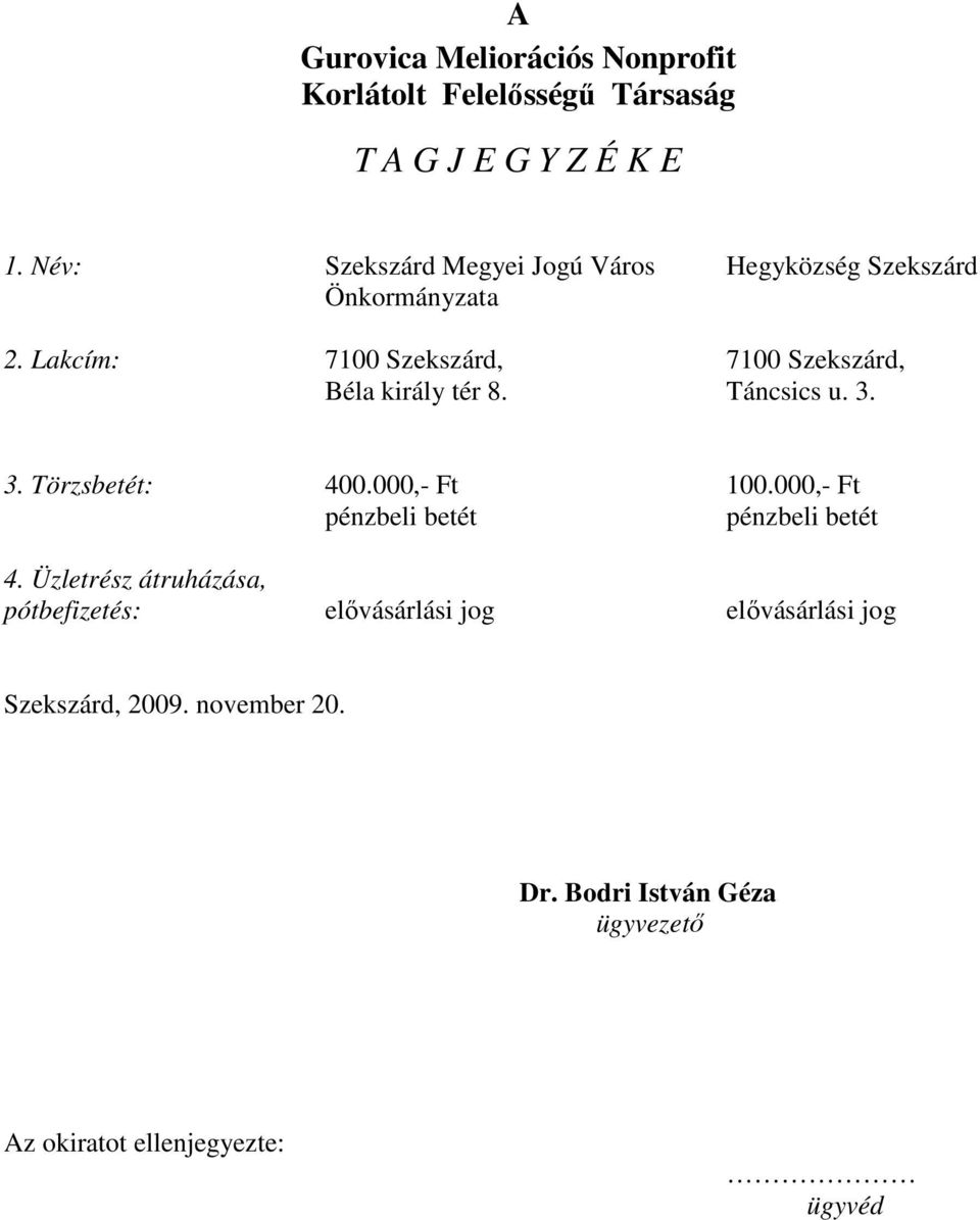 Lakcím: 7100 Szekszárd, 7100 Szekszárd, Béla király tér 8. Táncsics u. 3. 3. Törzsbetét: 400.000,- Ft 100.