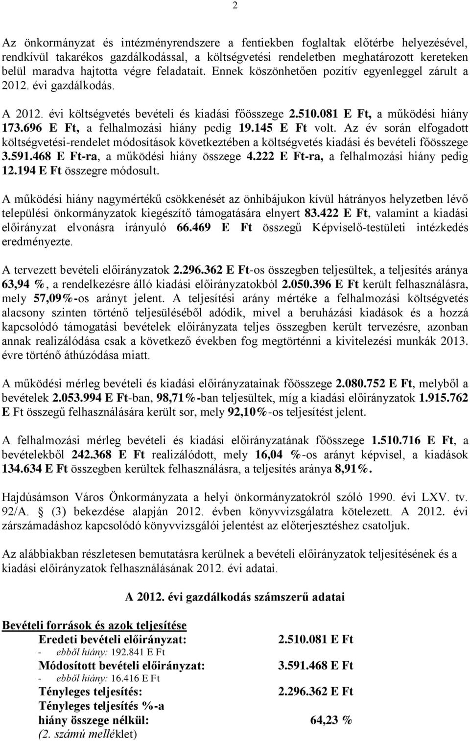 696 E Ft, a felhalmozási hiány pedig 19.145 E Ft volt. Az év során elfogadott költségvetési-rendelet módosítások következtében a költségvetés kiadási és bevételi főösszege 3.591.