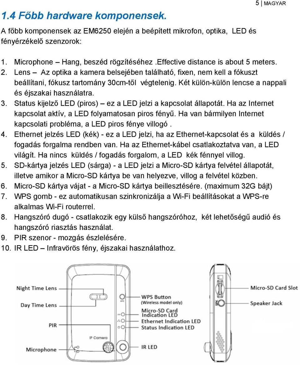 Két külön-külön lencse a nappali és éjszakai használatra. 3. Status kijelző LED (piros) ez a LED jelzi a kapcsolat állapotát. Ha az Internet kapcsolat aktív, a LED folyamatosan piros fényű.