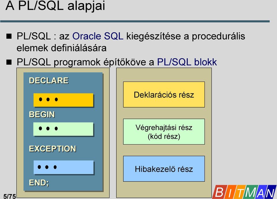 építőköve a PL/SQL blokk DECLARE BEGIN EXCEPTION