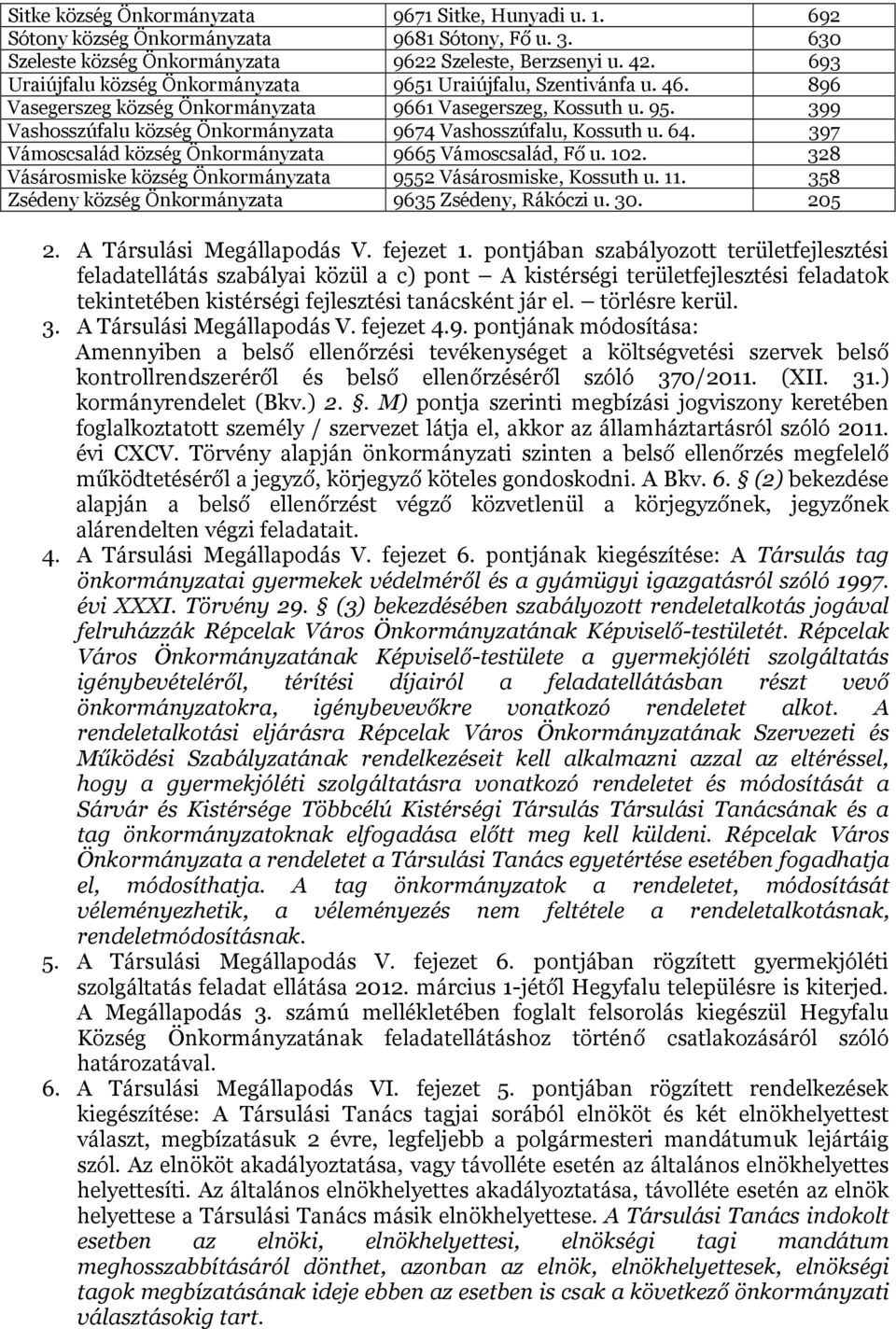 399 Vashosszúfalu község Önkormányzata 9674 Vashosszúfalu, Kossuth u. 64. 397 Vámoscsalád község Önkormányzata 9665 Vámoscsalád, Fő u. 102.