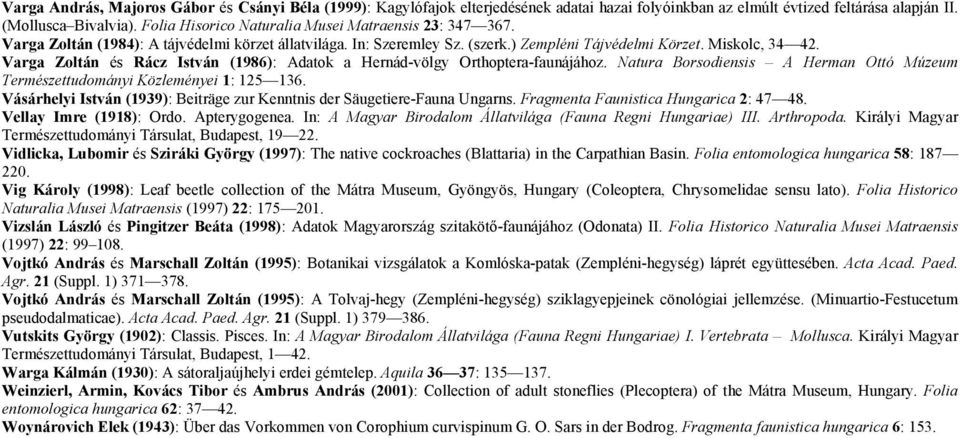Varga Zoltán és Rácz István (1986): Adatok a Hernád-völgy Orthoptera-faunájához. Natura Borsodiensis A Herman Ottó Múzeum Természettudományi Közleményei 1: 125 136.