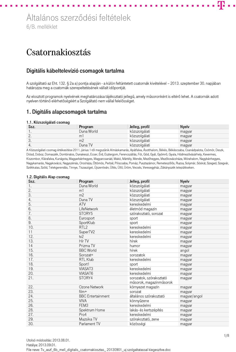 A csatornák adott nyelven történő elérhetőségéért a Szolgáltató nem vállal felelősséget. 1. Digitális alapcsomagok tartalma 1.1. Közszolgálati csomag 1. Duna World közszolgálati 2. m1 közszolgálati 3.