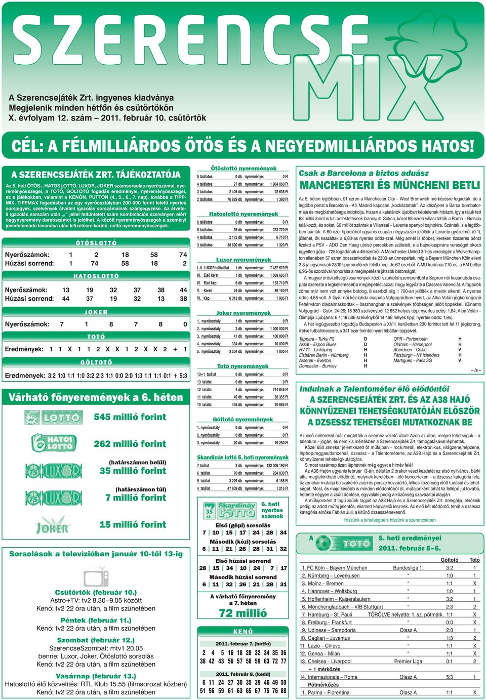heti ÖTÖS-, ATOSLOTTÓ, LUXOR, JOKER számsorsolás nyerőszámai, nyereményösszegei, a TOTÓ, GÓLTOTÓ fogadás eredményei, nyereményösszegei, az e játékokban, valamint a KENÓN, PUTTÓN (4., 5., 6., 7.