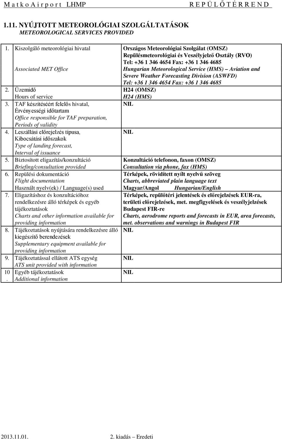 Meteorological Service (HMS) Aviation and Severe Weather Forecasting Division (ASWFD) Tel: +36 1 346 4654 Fax: +36 1 346 4685 2. Üzemidő H24 (OMSZ) Hours of service H24 (HMS) 3.