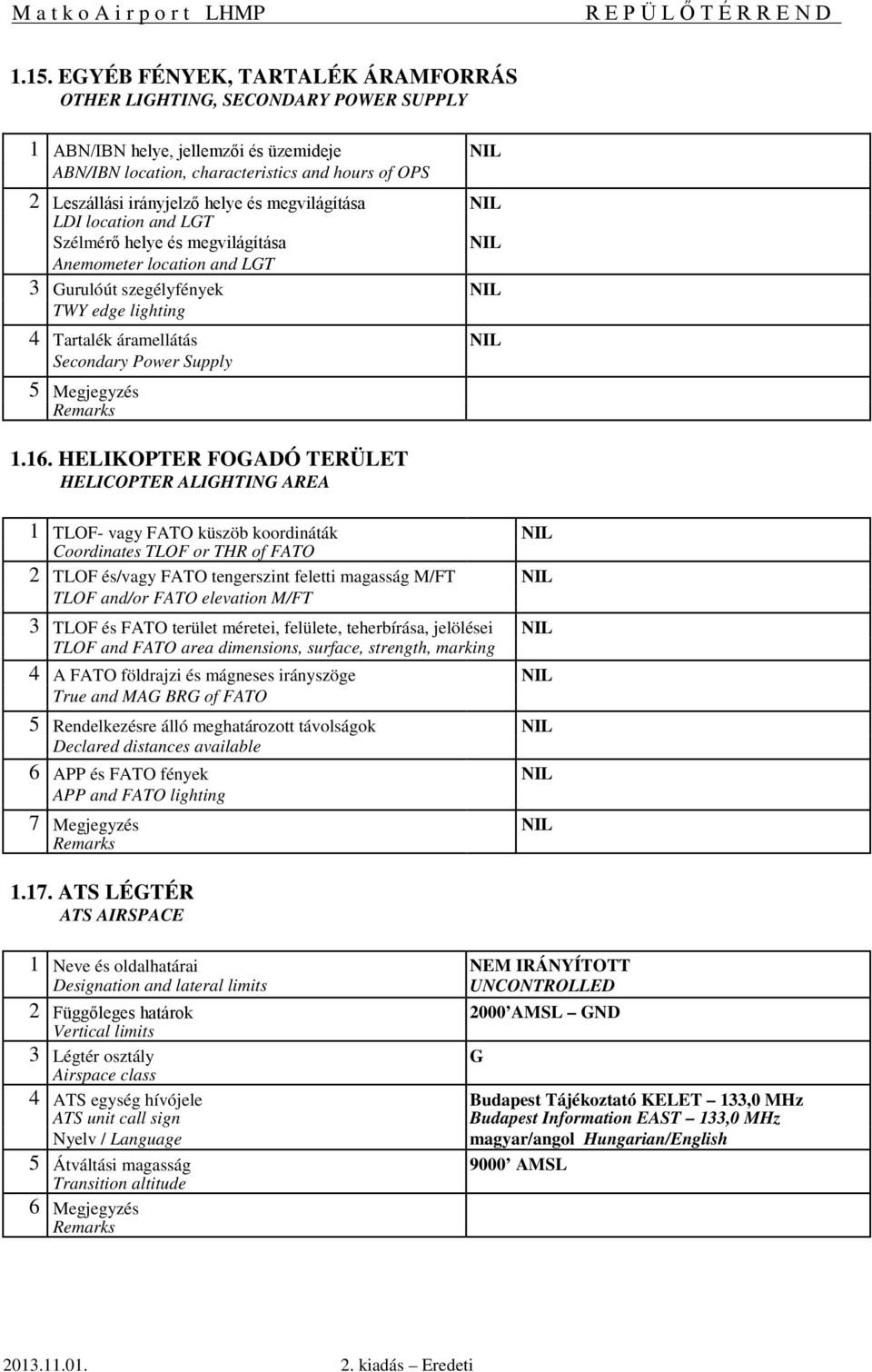 1.16. HELIKOPTER FOGADÓ TERÜLET HELICOPTER ALIGHTING AREA 1 TLOF- vagy FATO küszöb koordináták Coordinates TLOF or THR of FATO 2 TLOF és/vagy FATO tengerszint feletti magasság M/FT TLOF and/or FATO