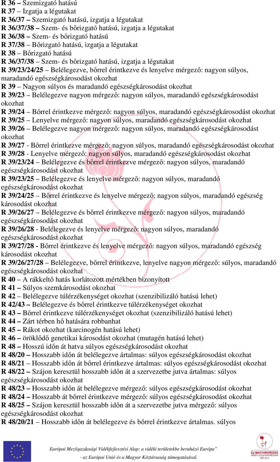 maradandó egészségkárosodást okozhat R 39 Nagyon súlyos és maradandó egészségkárosodást okozhat R 39/23 Belélegezve nagyon mérgező: nagyon súlyos, maradandó egészségkárosodást okozhat R 39/24 Bőrrel