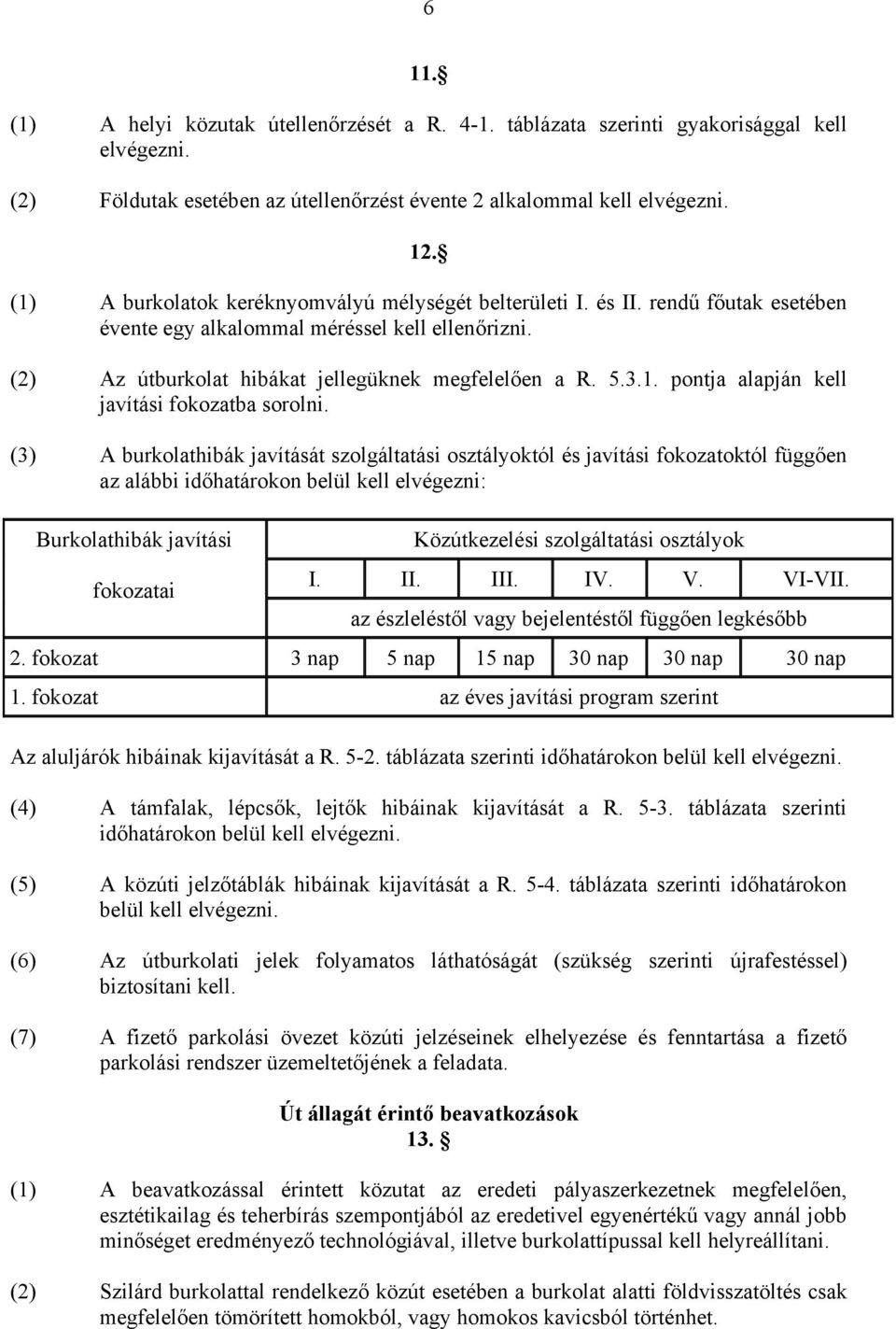 (3) A burkolathibák javítását szolgáltatási osztályoktól és javítási fokozatoktól függően az alábbi időhatárokon belül kell elvégezni: Burkolathibák javítási fokozatai Közútkezelési szolgáltatási