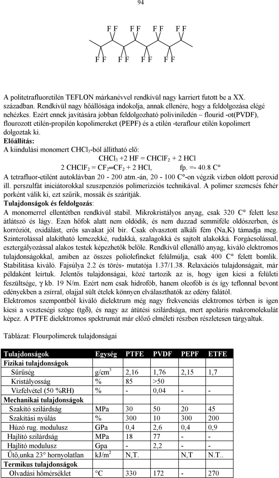 Előállítás: A kiidulási moomert l 3 -ból állítható elő: l 3 +2 F = lf 2 + 2 l 2 lf 2 = F 2 F 2 + 2 l, fp. =- 40.8 A tetrafluor-etilét autoklávba 20-200 atm.