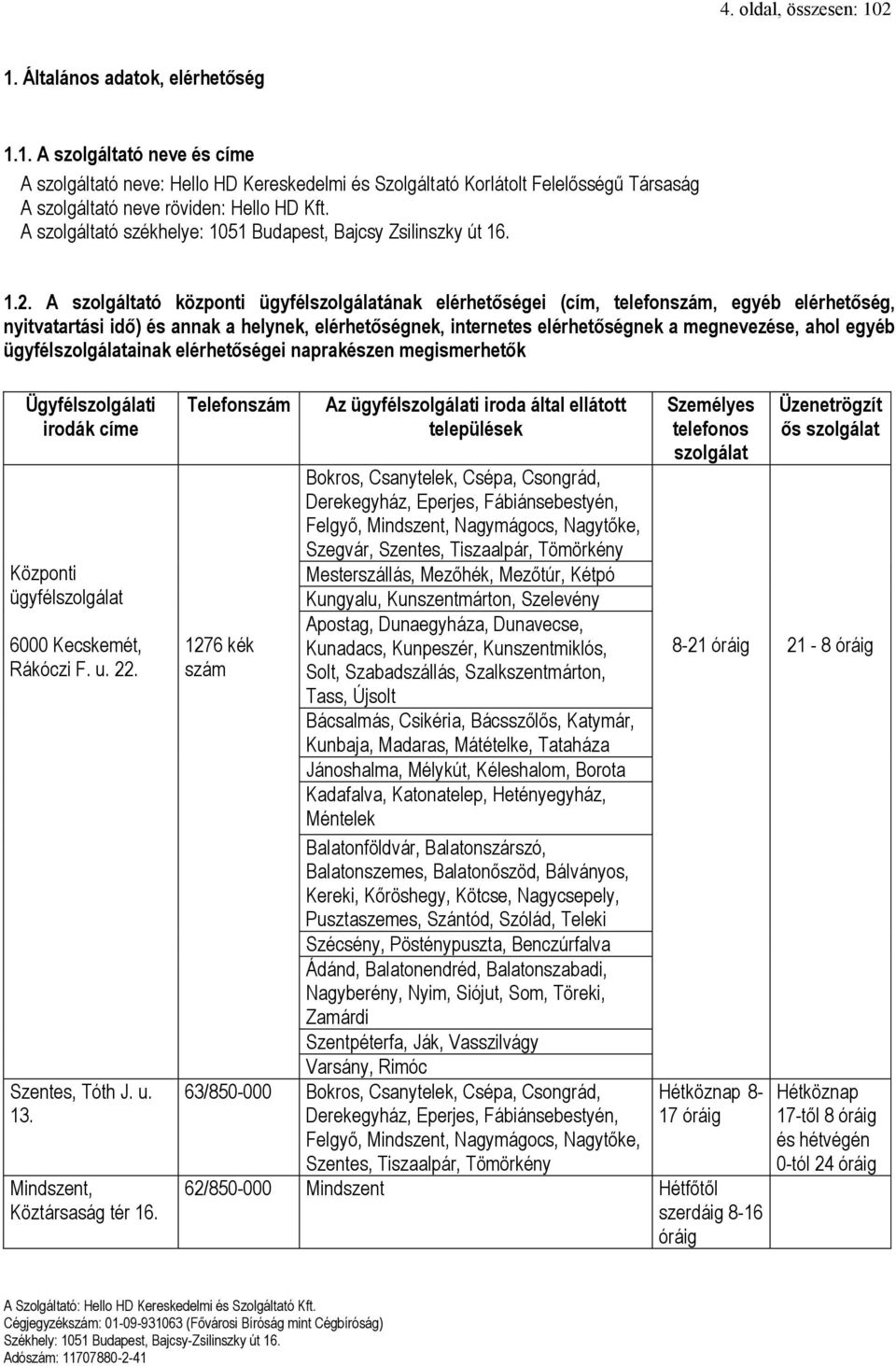 A szolgáltató központi ügyfélszolgálatának elérhetőségei (cím, telefonszám, egyéb elérhetőség, nyitvatartási idő) és annak a helynek, elérhetőségnek, internetes elérhetőségnek a megnevezése, ahol