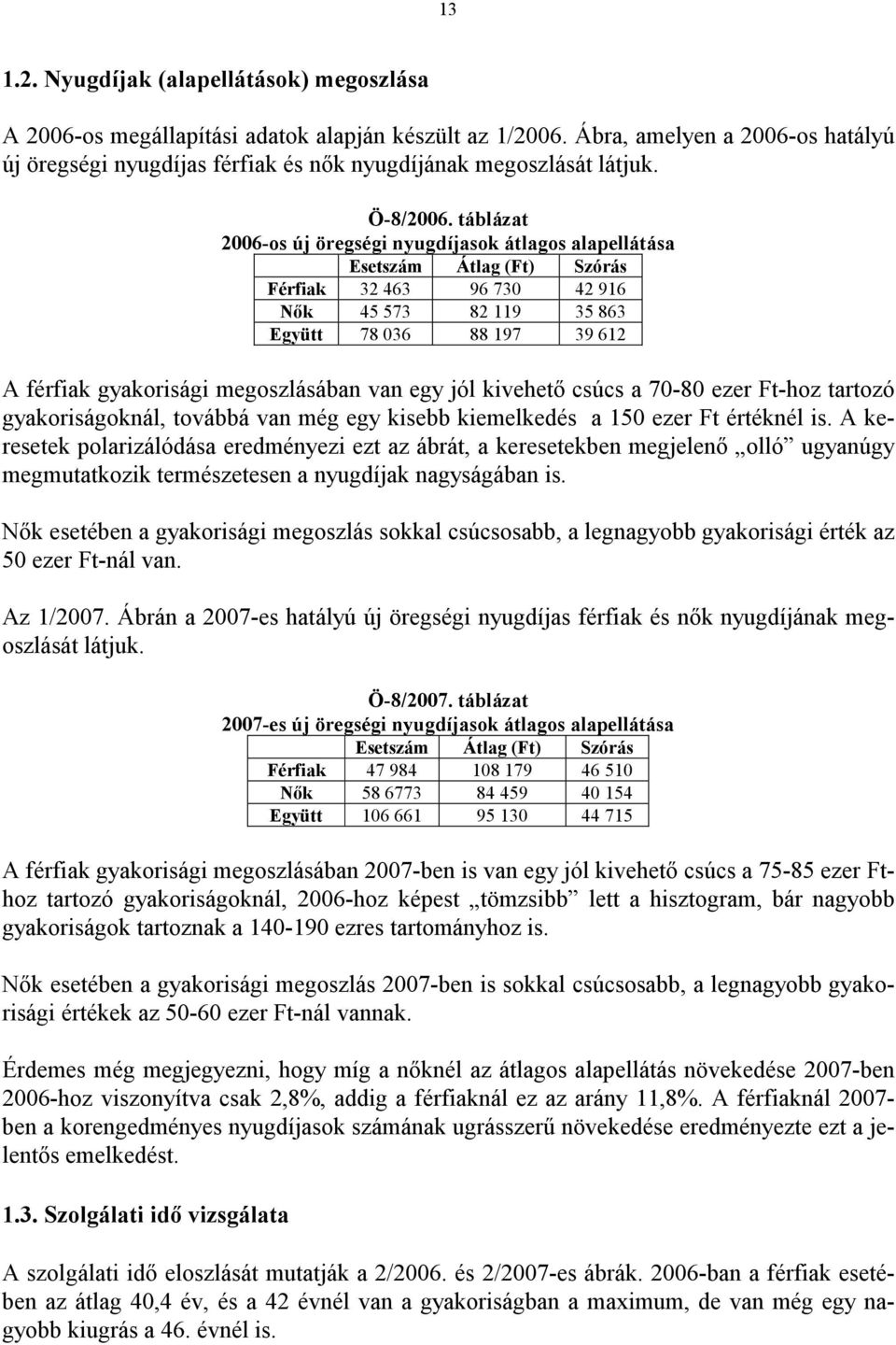 táblázat 2006-os új öregségi nyugdíjasok átlagos alapellátása Esetszám Átlag (Ft) Szórás Férfiak 32 463 96 730 42 916 Nık 45 573 82 119 35 863 Együtt 78 036 88 197 39 612 A férfiak gyakorisági