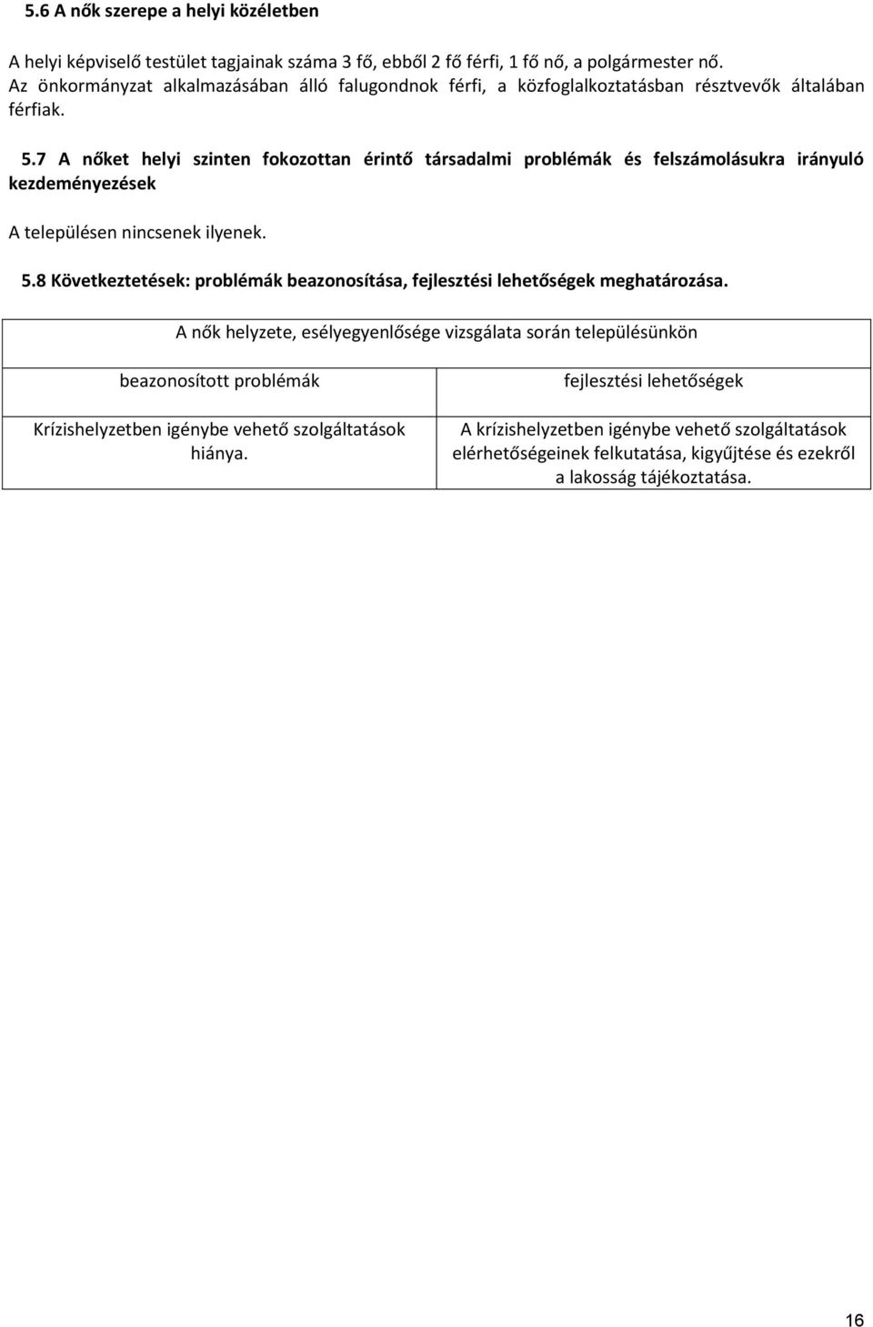 7 A nőket helyi szinten fokozottan érintő társadalmi problémák és felszámolásukra irányuló kezdeményezések A településen nincsenek ilyenek. 5.