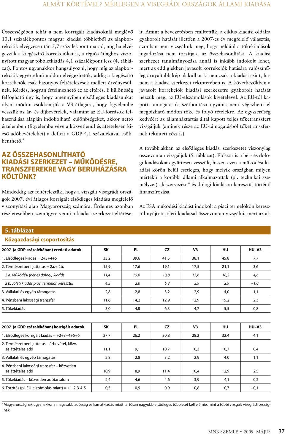 marad, míg ha elvégezzük a kiegészítõ korrekciókat is, a régiós átlaghoz viszonyított magyar többletkiadás 4,1 százalékpont lesz (4. táblázat).