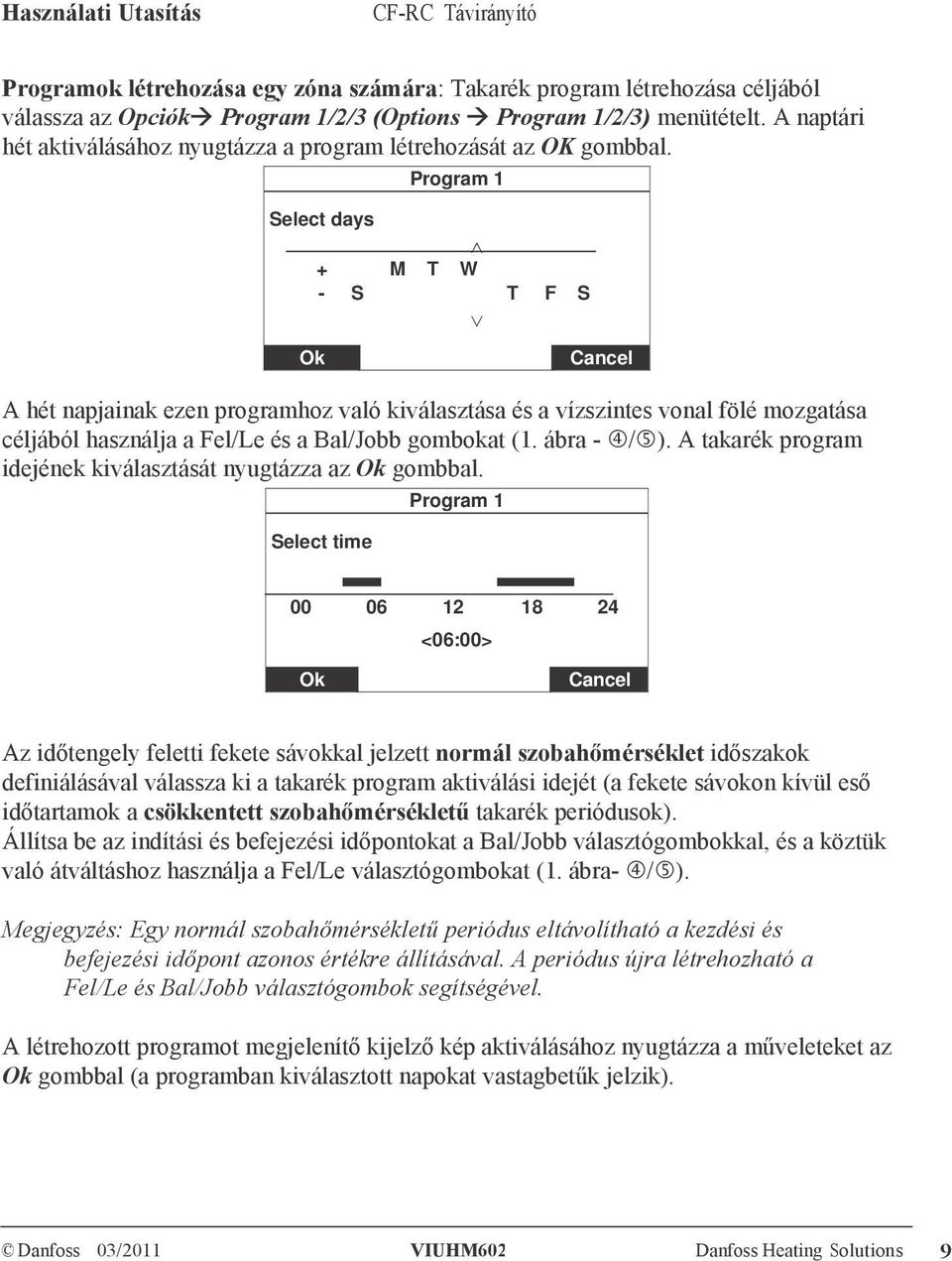 Program 1 Select days + M T W - S T F S Ok Cancel A hét napjainak ezen programhoz való kiválasztása és a vízszintes vonal fölé mozgatása céljából használja a Fel/Le és a Bal/Jobb gombokat (1.