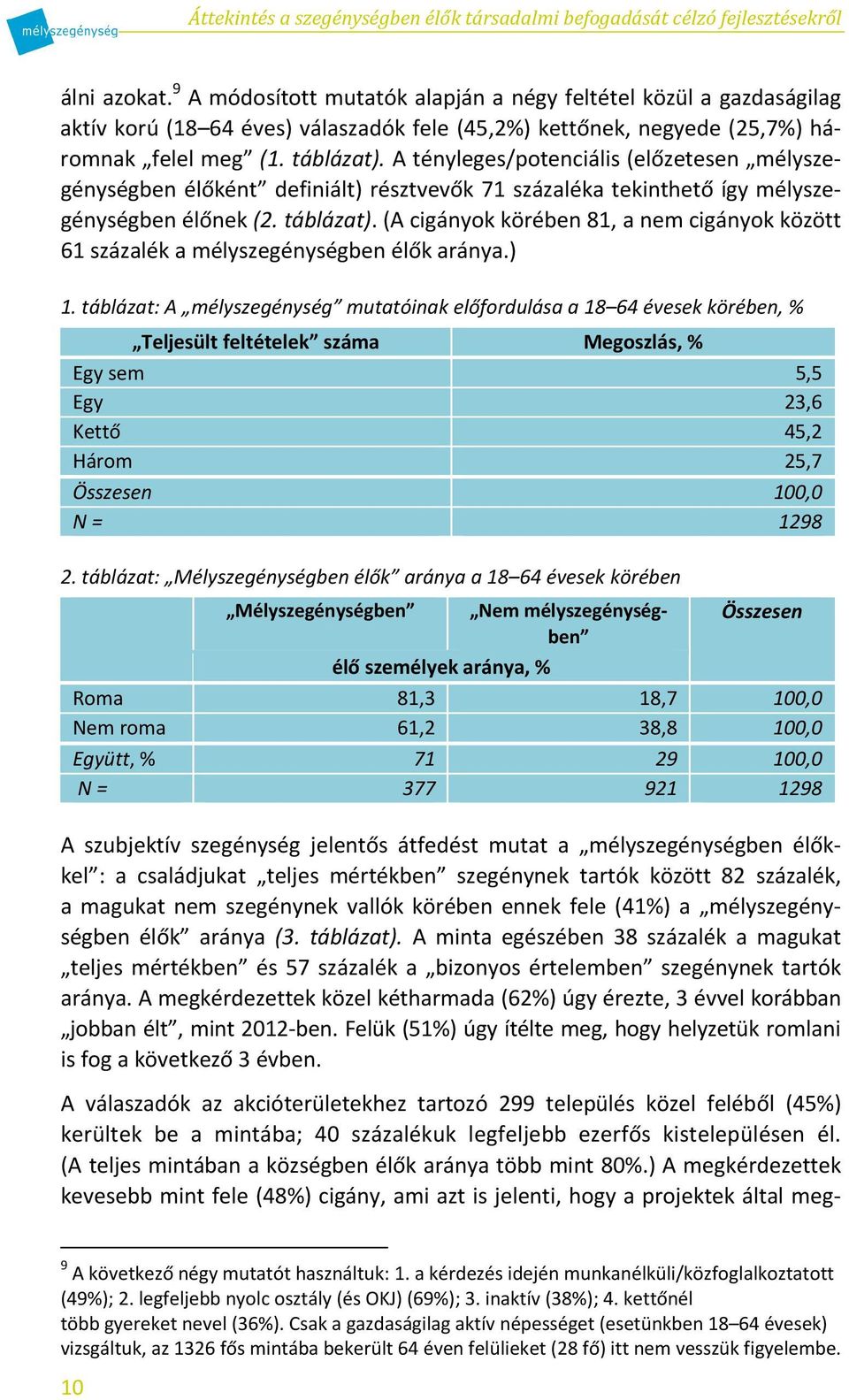 A tényleges/potenciális (előzetesen mélyszegénységben élőként definiált) résztvevők 71 százaléka tekinthető így mélyszegénységben élőnek (2. táblázat).