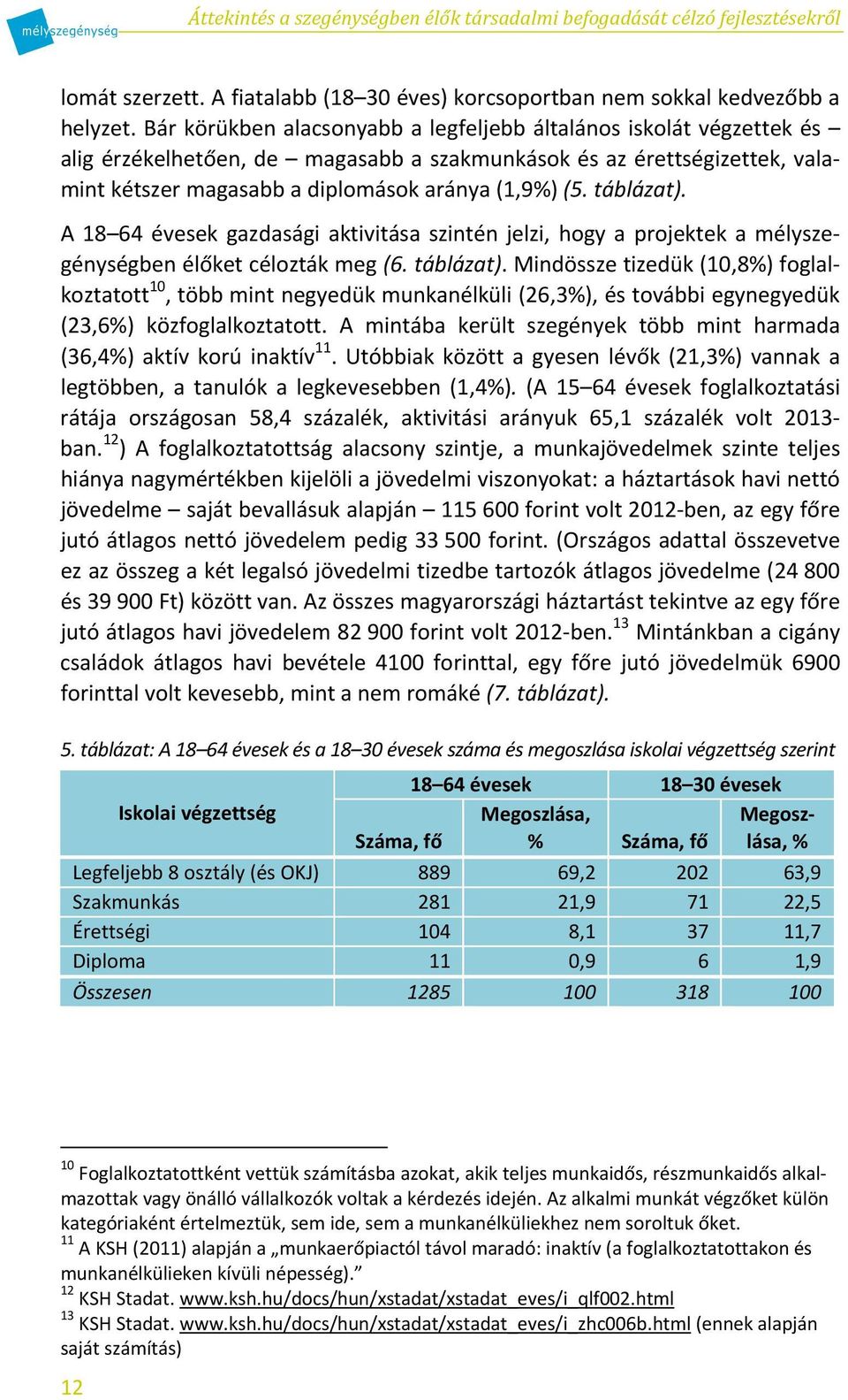 táblázat). A 18 64 évesek gazdasági aktivitása szintén jelzi, hogy a projektek a mélyszegénységben élőket célozták meg (6. táblázat).