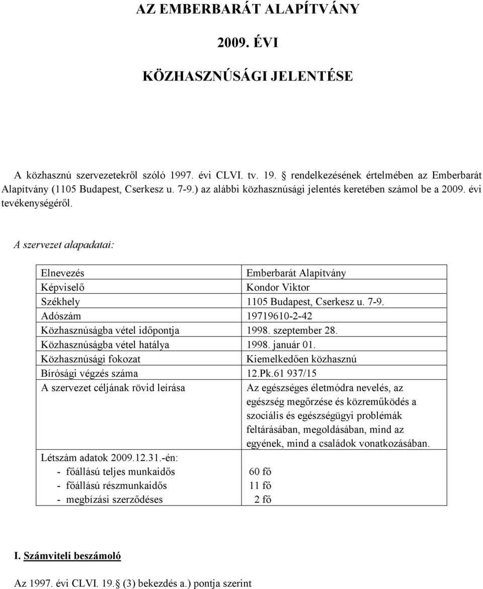 7-9. Adószám 19719610-2-42 Közhasznúságba vétel időpontja 1998. szeptember 28. Közhasznúságba vétel hatálya 1998. január 01. Közhasznúsági fokozat Kiemelkedően közhasznú Bírósági végzés száma 12.Pk.