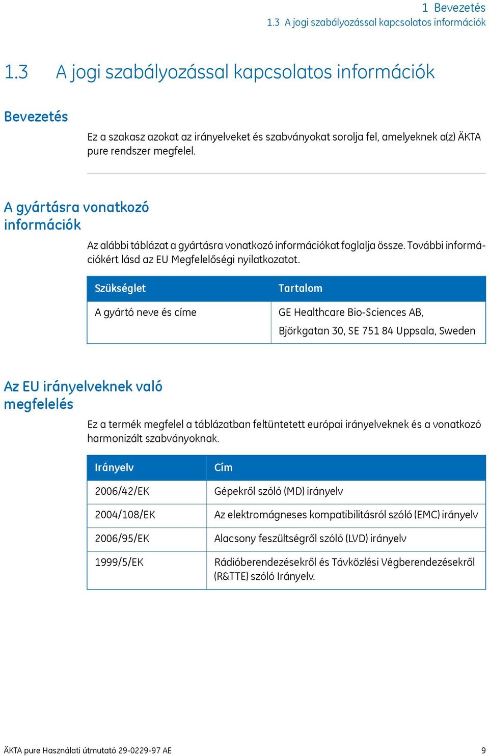 A gyártásra vonatkozó információk Az alábbi táblázat a gyártásra vonatkozó információkat foglalja össze. További információkért lásd az EU Megfelelőségi nyilatkozatot.