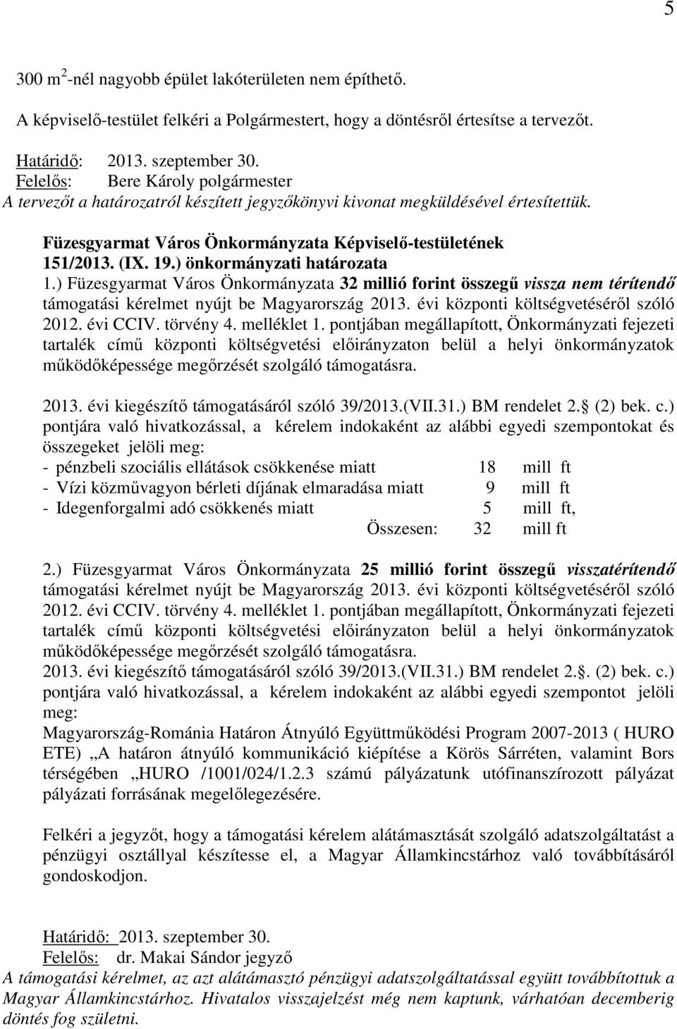 ) Füzesgyarmat Város Önkormányzata 32 millió forint összegű vissza nem térítendő támogatási kérelmet nyújt be Magyarország 2013. évi központi költségvetéséről szóló 2012. évi CCIV. törvény 4.