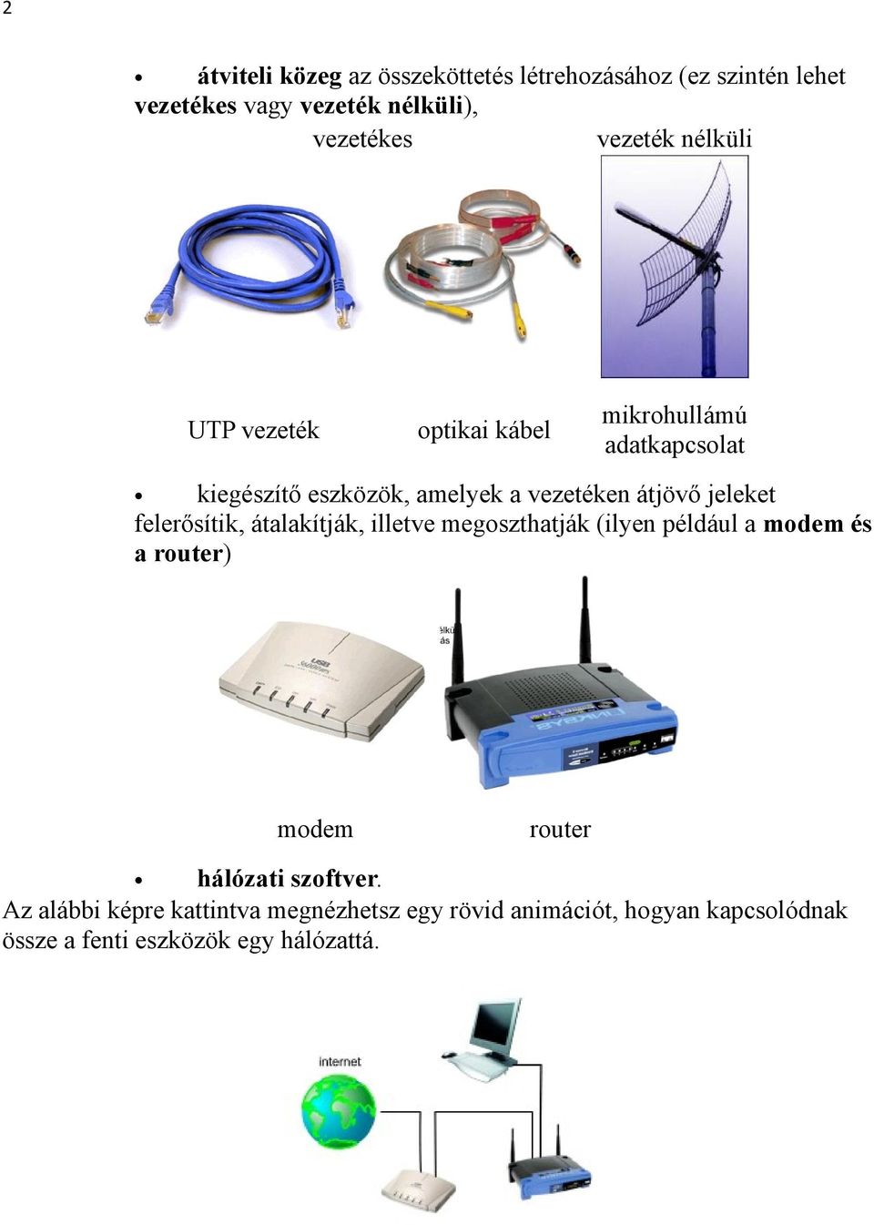 jeleket felerősítik, átalakítják, illetve megoszthatják (ilyen például a modem és a router) modem router hálózati