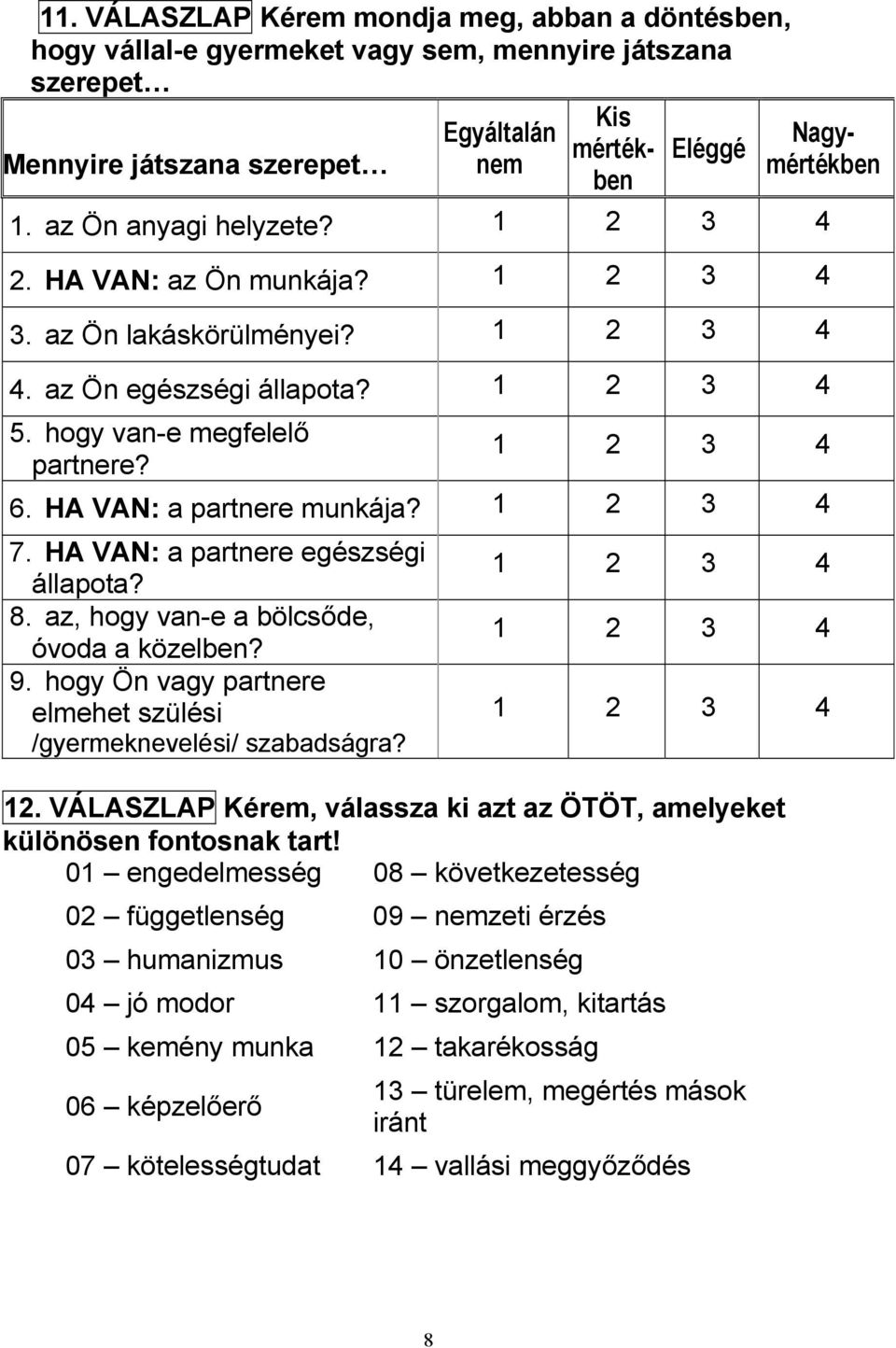 HA VAN: a partnere egészségi állapota? 8. az, hogy van-e a bölcsőde, óvoda a közelben? 9. hogy Ön vagy partnere elmehet szülési /gyermeknevelési/ szabadságra? 12.