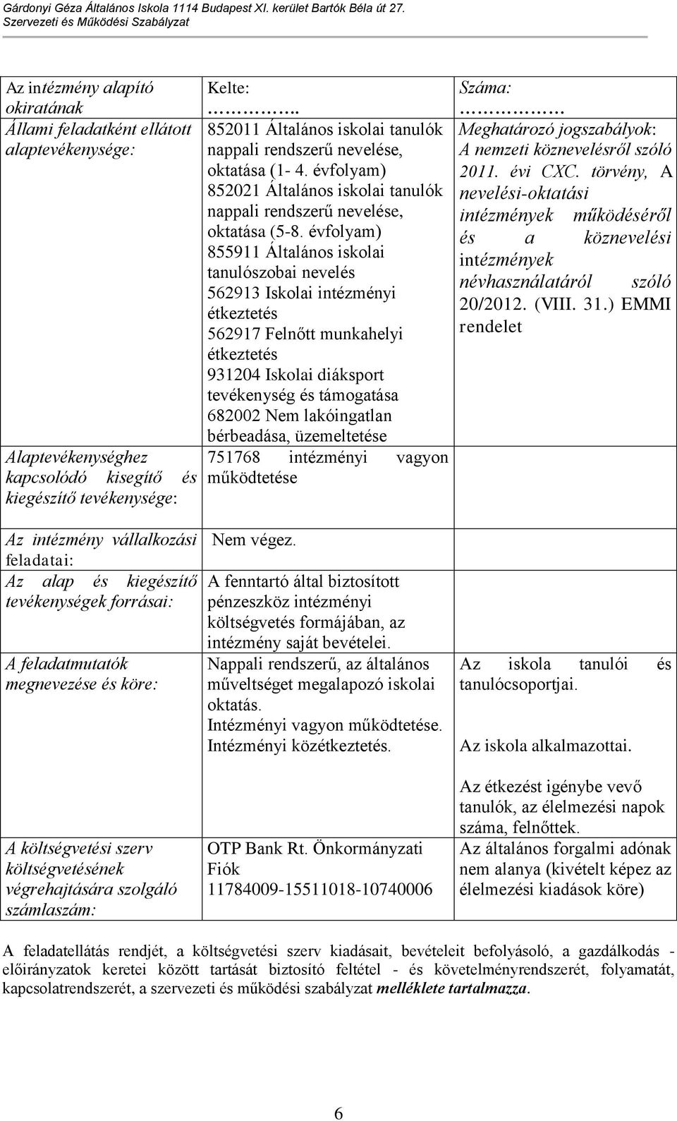 évfolyam) 855911 Általános iskolai tanulószobai nevelés 562913 Iskolai intézményi étkeztetés 562917 Felnőtt munkahelyi étkeztetés 931204 Iskolai diáksport tevékenység és támogatása 682002 Nem