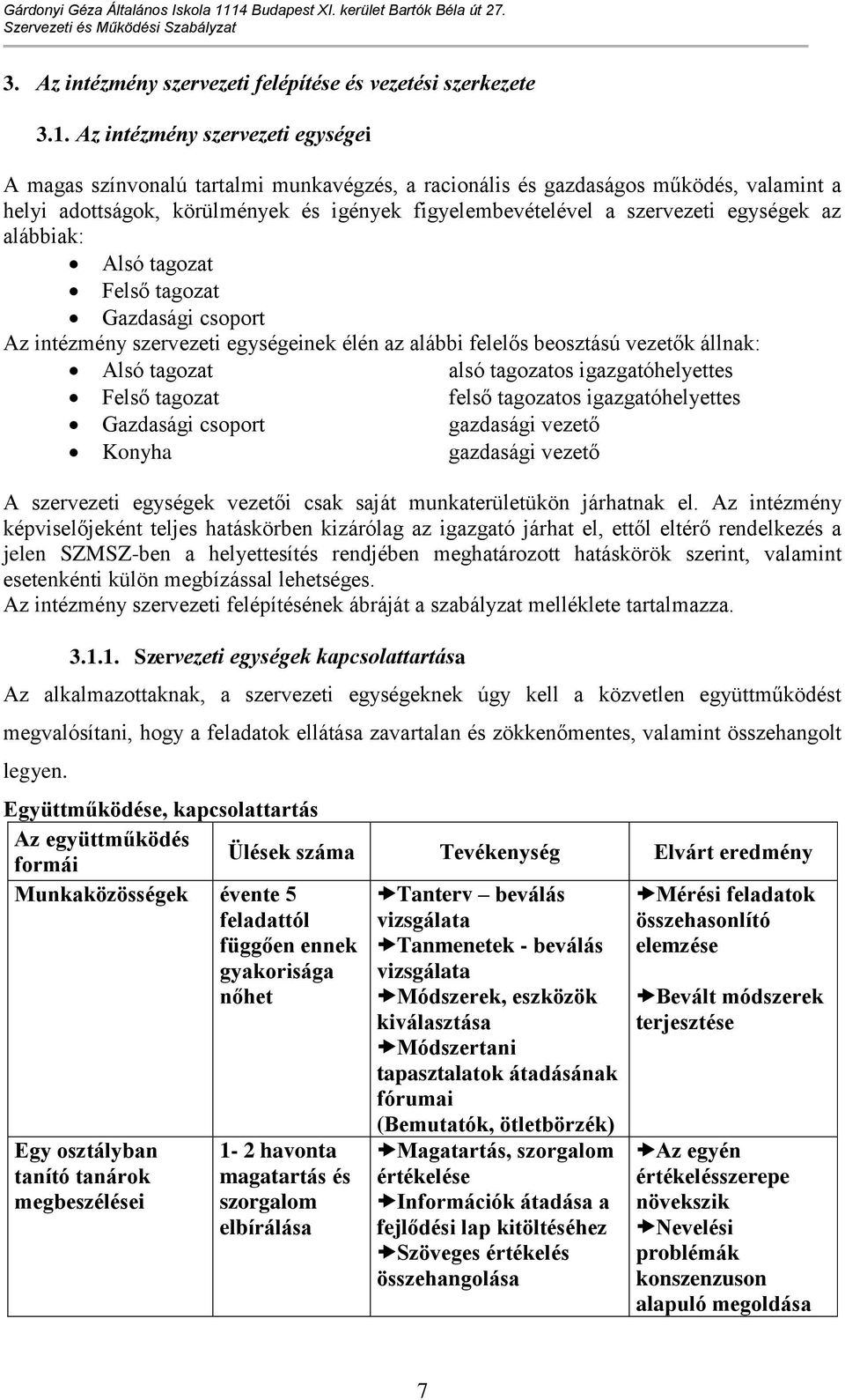 egységek az alábbiak: Alsó tagozat Felső tagozat Gazdasági csoport Az intézmény szervezeti egységeinek élén az alábbi felelős beosztású vezetők állnak: Alsó tagozat alsó tagozatos igazgatóhelyettes