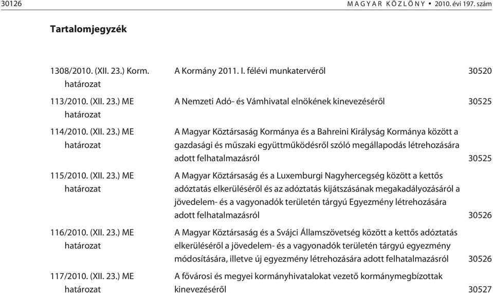 félévi munkatervérõl 30520 A Nemzeti Adó- és Vámhivatal elnökének kinevezésérõl 30525 A Magyar Köztársaság Kormánya és a Bahreini Királyság Kormánya között a gazdasági és mûszaki együttmûködésrõl