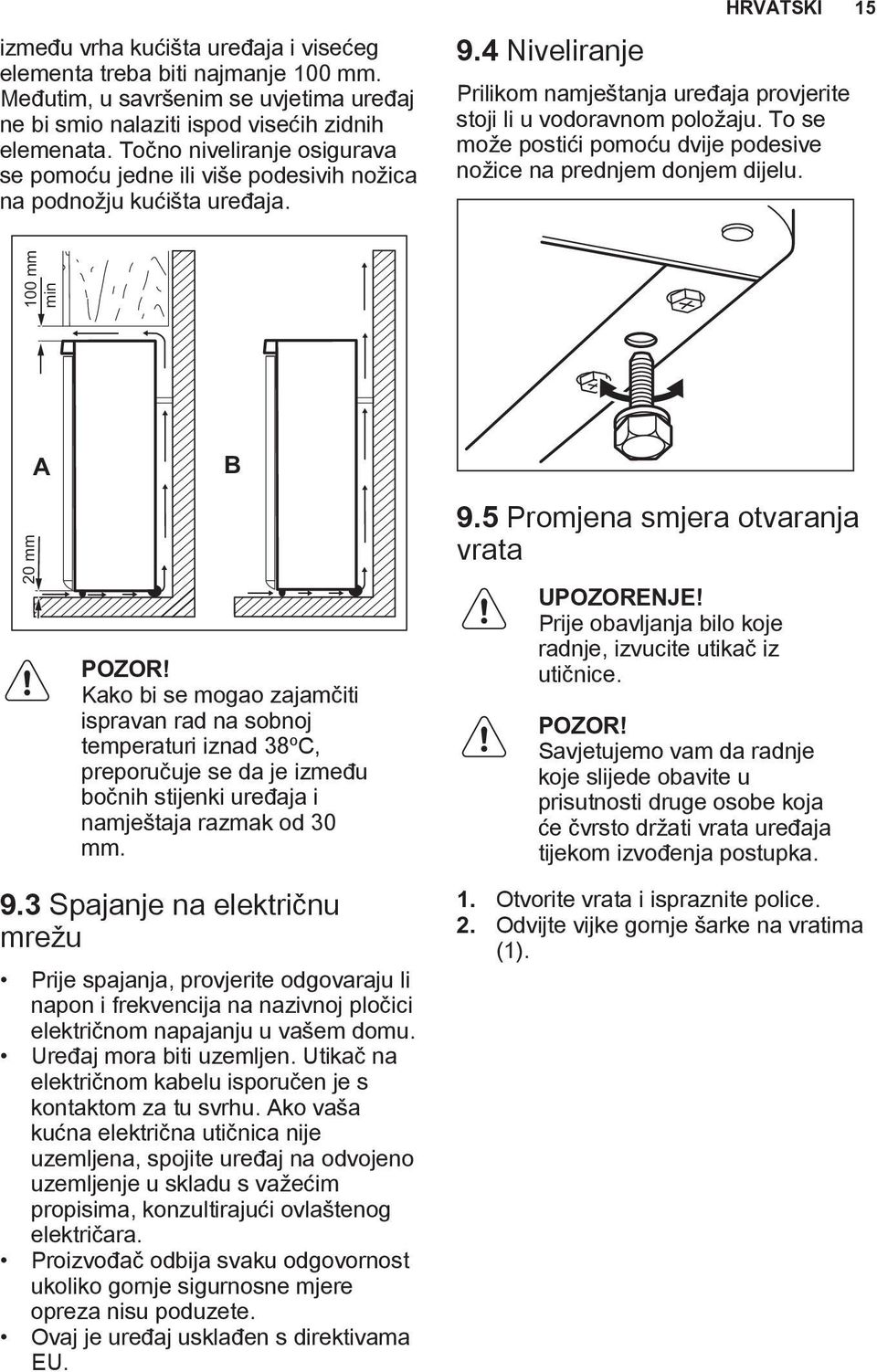 To se može postići pomoću dvije podesive nožice na prednjem donjem dijelu. 100 mm min 20 mm A B POZOR!