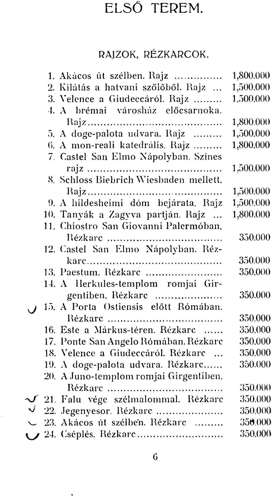 A hildesheimi dóm bejárata. Rajz 1,500.000 10. Tanyák a Zagyva partján. Rajz... 1,800.000 11. Chiostro San Giovanni Palermóban, Rézkarc 350.000 12. Castel San Elmo Nápolyban. Rézkarc 350.000 13.