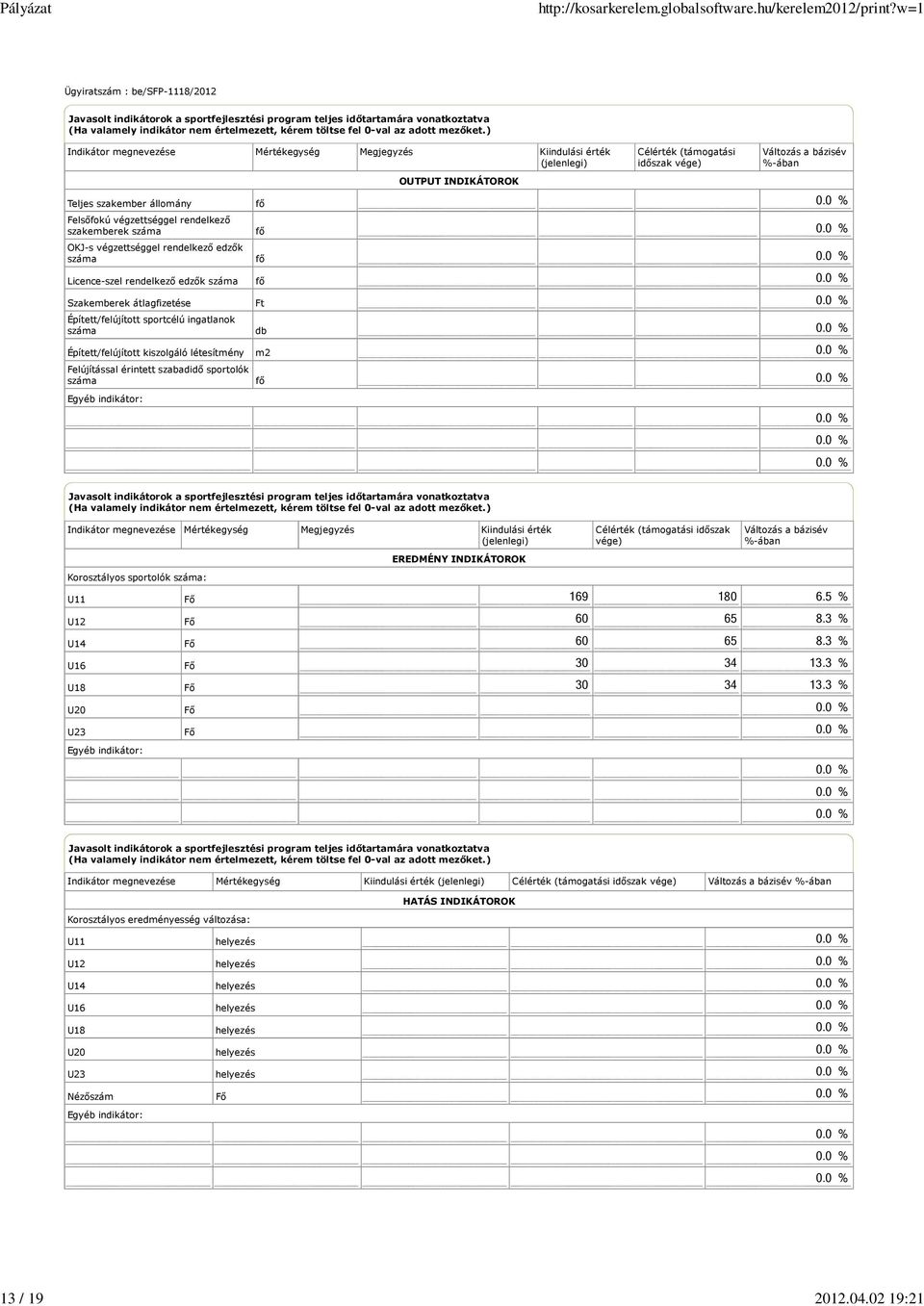 Licence-szel rendelkező edzők száma Szakemberek átlagfizetése Épített/felújított sportcélú ingatlanok száma Épített/felújított kiszolgáló létesítmény Felújítással érintett szabadidő sportolók száma