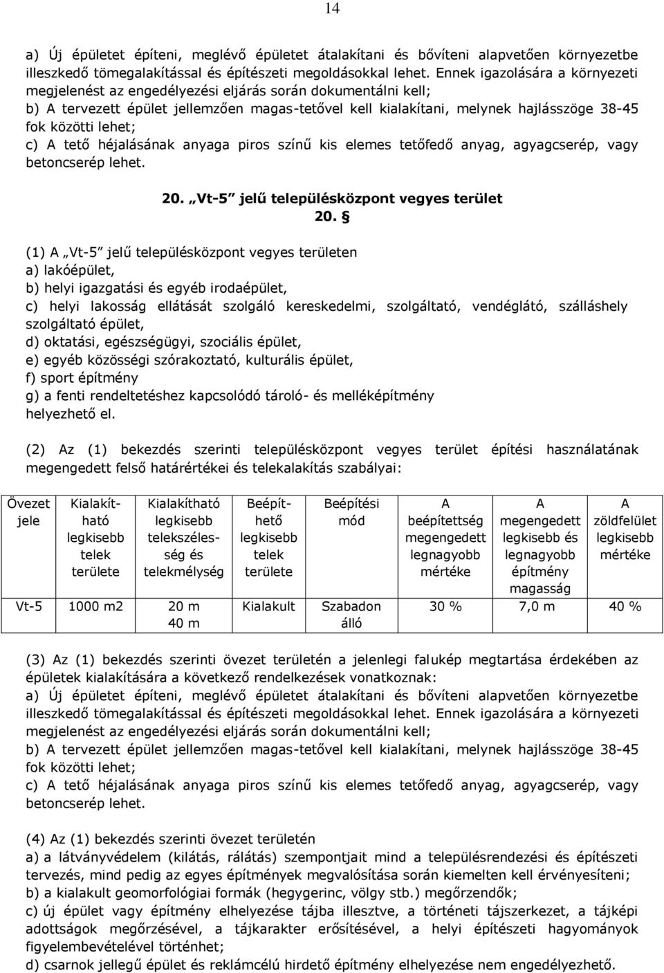 tető héjalásának anyaga piros színű kis elemes tetőfedő anyag, agyagcserép, vagy betoncserép lehet. 20. Vt-5 jelű települközpont vegyes terület 20.