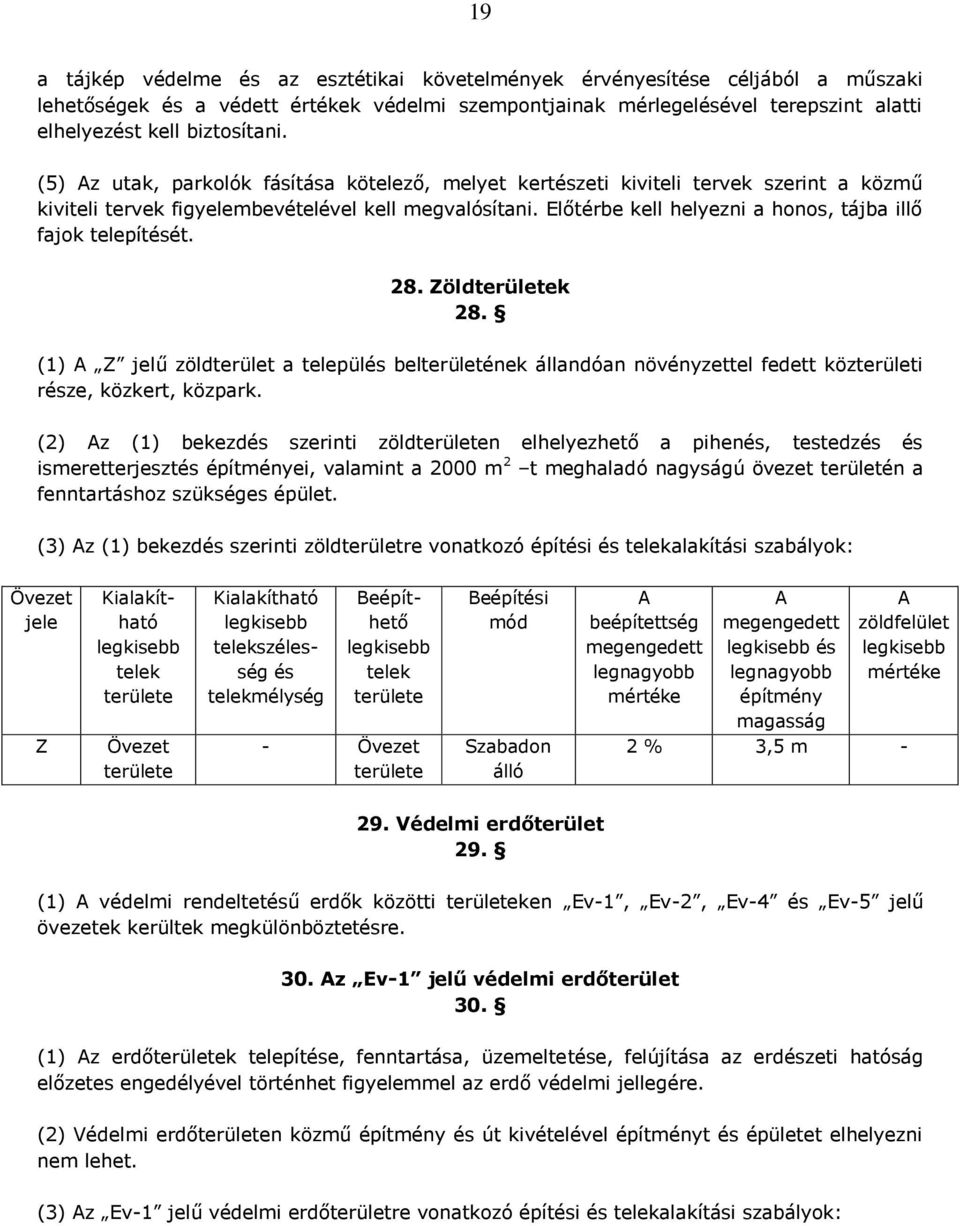 Előtérbe kell helyezni a honos, tájba illő fajok telepítét. 28. Zöldk 28. (1) Z jelű zöldterület a települ belterületének állandóan növényzettel fedett közterületi rze, közkert, közpark.