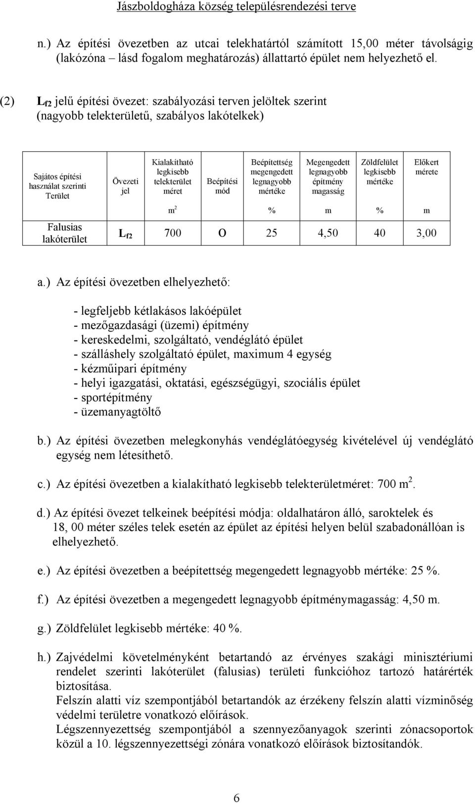 Kialakítható telekterület méret m 2 Beépítési mód Beépítettség megengedett Megengedett építmény magasság m Zöldfelület Előkert mérete L f2 700 O 25 4,50 40 3,00 m a.