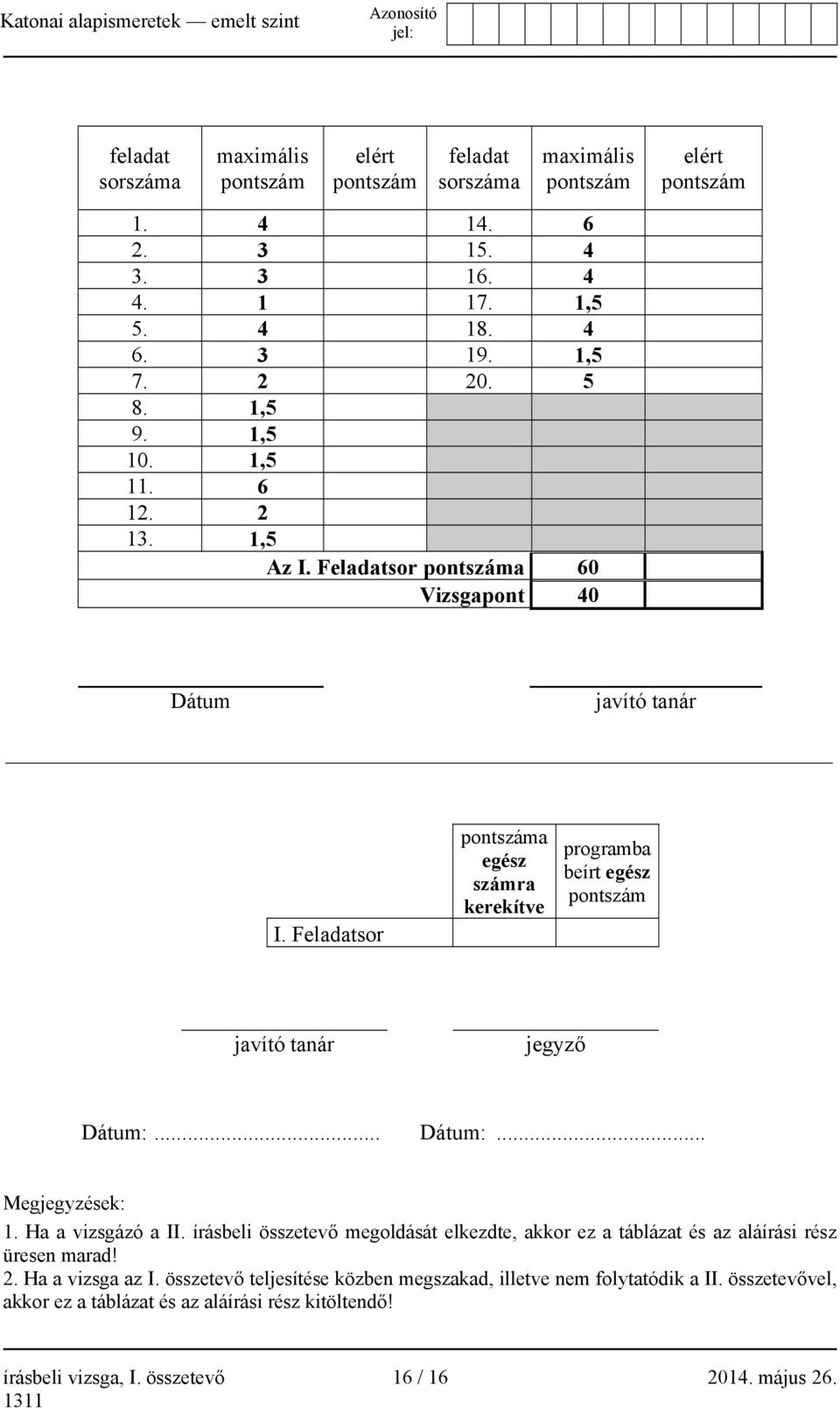 Feladatsor pontszáma egész számra kerekítve programba beírt egész pontszám javító tanár jegyző Dátum:... Dátum:... Megjegyzések: 1. Ha a vizsgázó a II.