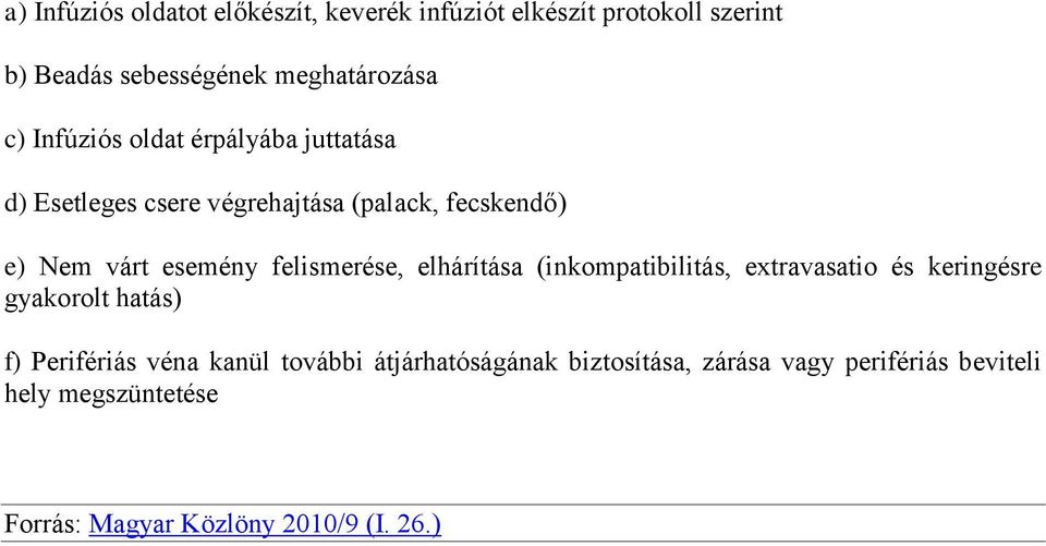 felismerése, elhárítása (inkompatibilitás, extravasatio és keringésre gyakorolt hatás) f) Perifériás véna kanül