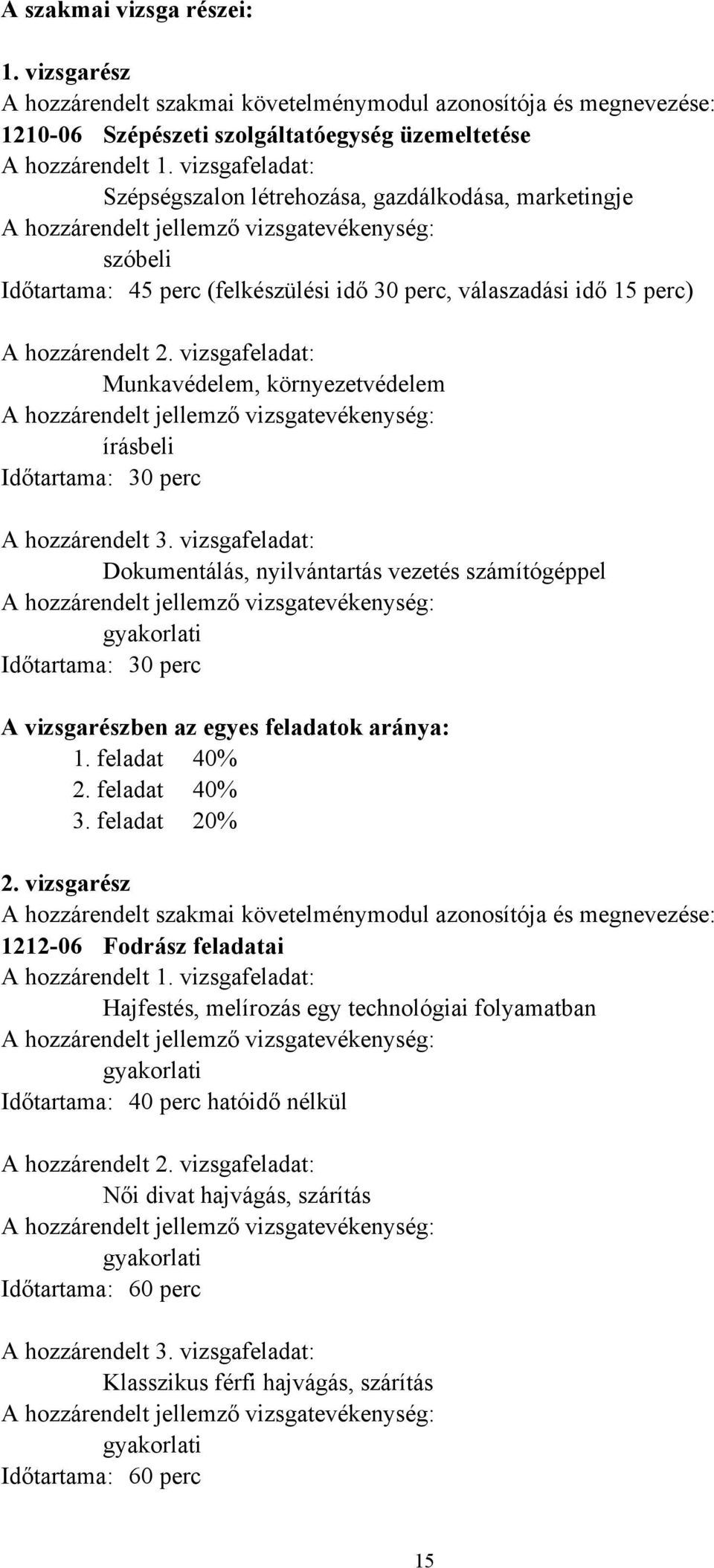 hozzárendelt 2. vizsgafeladat: Munkavédelem, környezetvédelem A hozzárendelt jellemző vizsgatevékenység: írásbeli Időtartama: 30 perc A hozzárendelt 3.