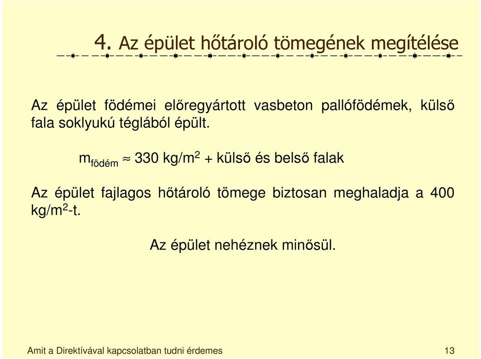 m födém 330 kg/m 2 + külső és belső falak Az épület fajlagos hőtároló tömege