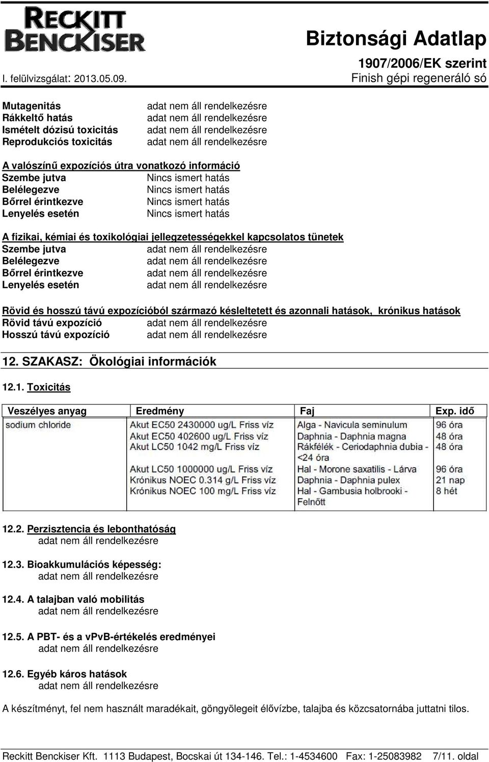 krónikus hatások Rövid távú expozíció Hosszú távú expozíció 12. SZAKASZ: Ökológiai információk 12.1. Toxicitás Veszélyes anyag Eredmény Faj Exp. idő 12.2. Perzisztencia és lebonthatóság 12.3.