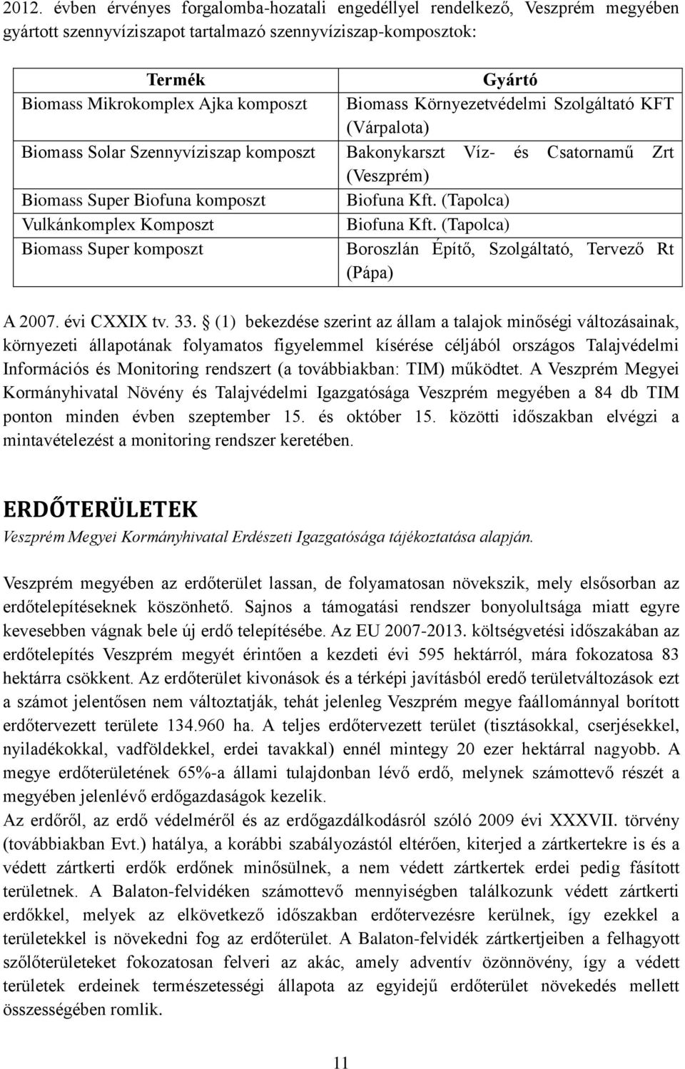 (Tapolca) Vulkánkomplex Komposzt Biofuna Kft. (Tapolca) Biomass Super komposzt Boroszlán Építő, Szolgáltató, Tervező Rt (Pápa) A 2007. évi CXXIX tv. 33.