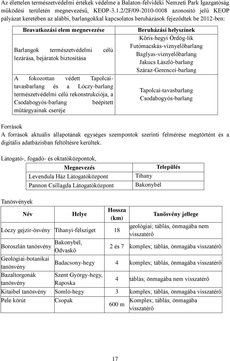 lezárása, bejáratok biztosítása A fokozottan védett Tapolcaitavasbarlang és a Lóczy-barlang természetvédelmi célú rekonstrukciója, a Csodabogyós-barlang beépített műtárgyainak cseréje Beruházási