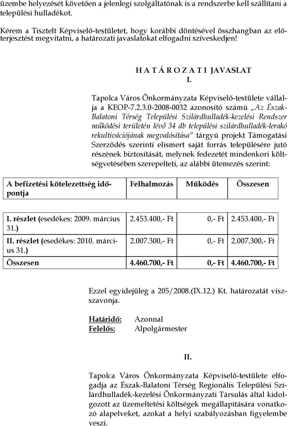 Tapolca Város Önkormányzata Képviselő-testülete vállalja a KEOP-7.2.3.