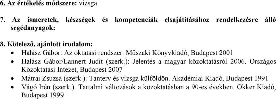 Műszaki Könyvkiadó, Budapest 2001 Halász Gábor/Lannert Judit (szerk.): Jelentés a magyar közoktatásról 2006.