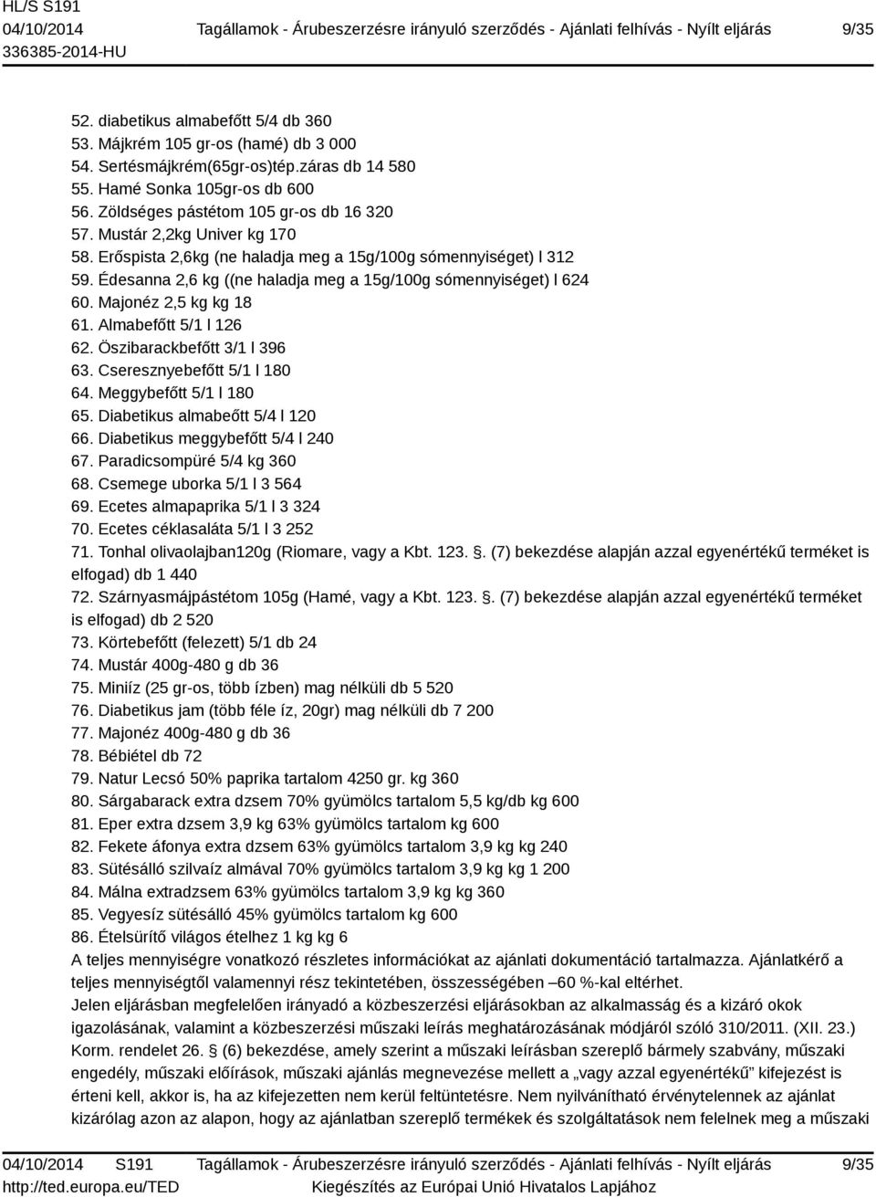 Édesanna 2,6 kg ((ne haladja meg a 15g/100g sómennyiséget) l 624 60. Majonéz 2,5 kg kg 18 61. Almabefőtt 5/1 l 126 62. Öszibarackbefőtt 3/1 l 396 63. Cseresznyebefőtt 5/1 l 180 64.