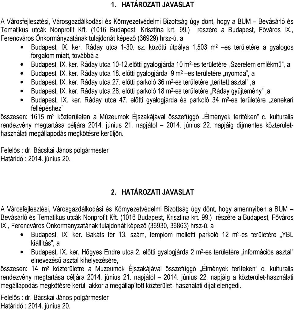 503 m 2 es területére a gyalogos forgalom miatt, továbbá a Budapest, IX. ker. Ráday utca 10-12.előtti gyalogjárda 10 m 2 -es területére Szerelem emlékmű, a Budapest, IX. ker. Ráday utca 18.