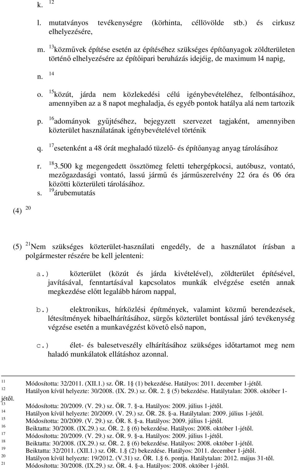 15 közút, járda nem közlekedési célú igénybevételéhez, felbontásához, amennyiben az a 8 napot meghaladja, és egyéb pontok hatálya alá nem tartozik p.