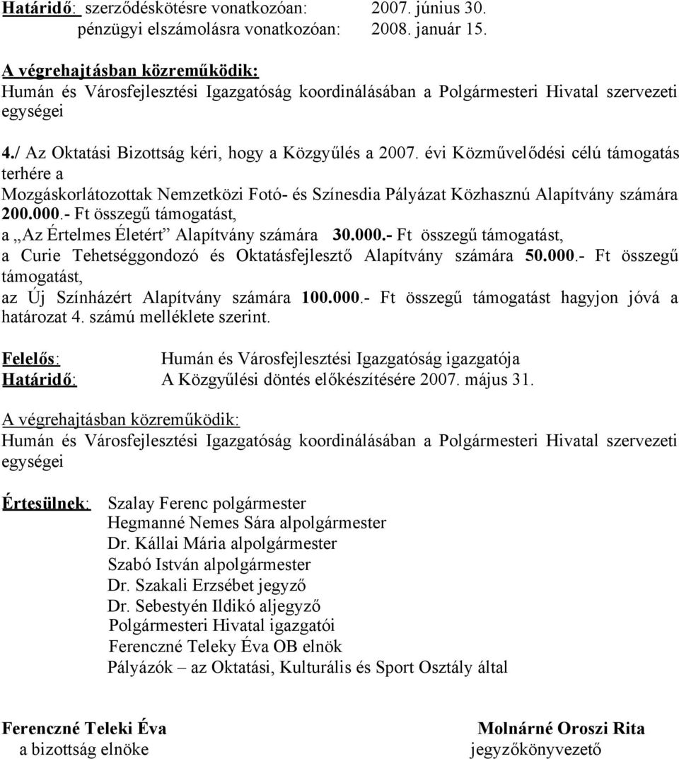 évi Közművelődési célú támogatás terhére a Mozgáskorlátozottak Nemzetközi Fotó- és Színesdia Pályázat Közhasznú Alapítvány számára 200.000.