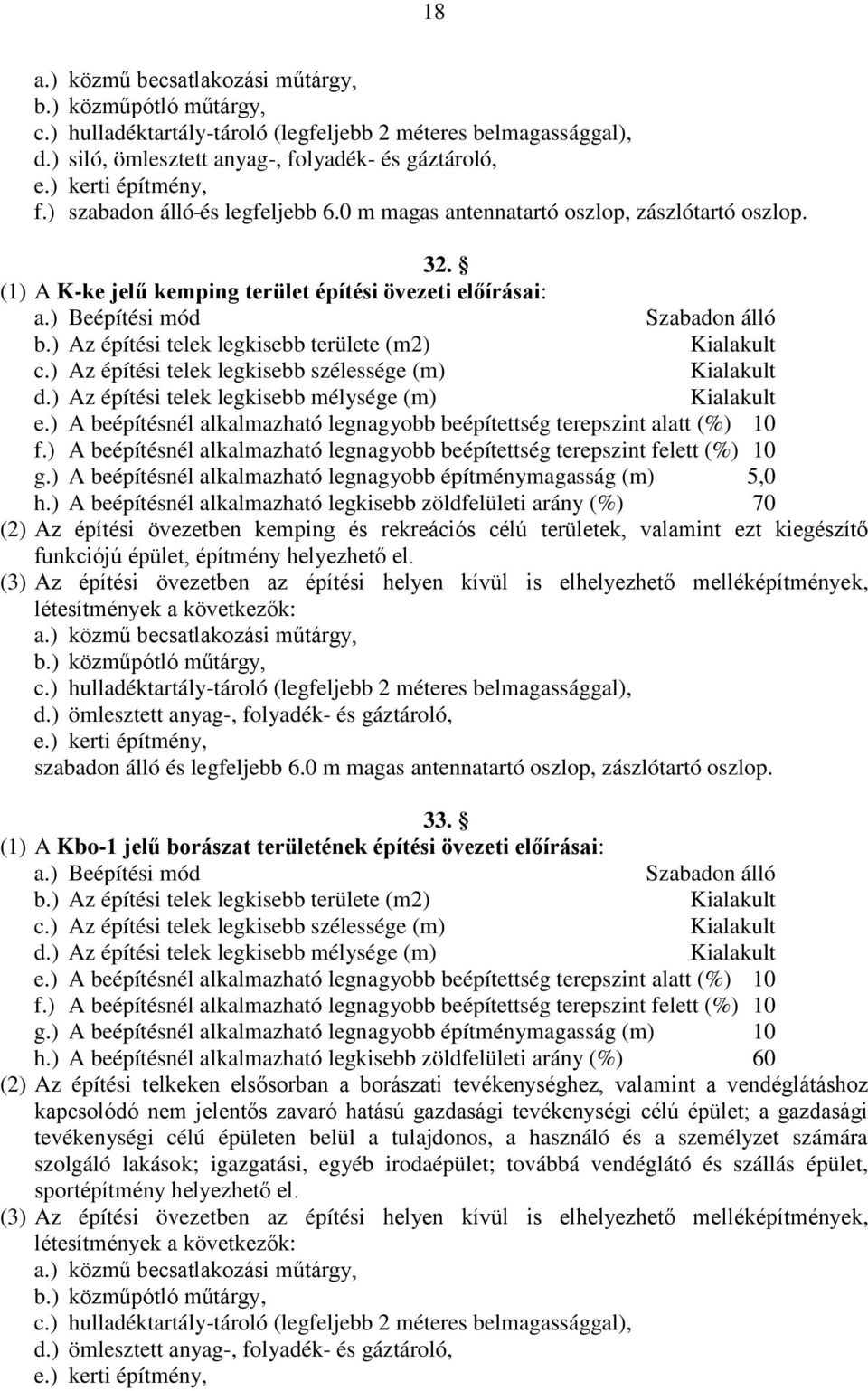 ) Az építési telek legkisebb területe (m2) Kialakult c.) Az építési telek legkisebb szélessége (m) Kialakult d.) Az építési telek legkisebb mélysége (m) Kialakult e.