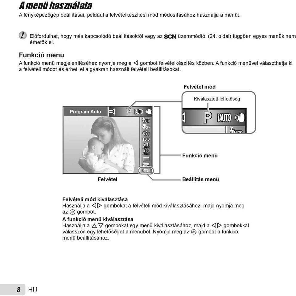 A funkció menüvel választhatja ki a felvételi módot és érheti el a gyakran használt felvételi beállításokat. Felvétel mód Program Auto P Kiválasztott lehetőség P 0.